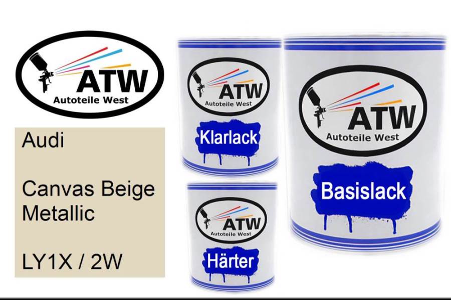 Audi, Canvas Beige Metallic, LY1X / 2W: 1L Lackdose + 1L Klarlack + 500ml Härter - Set, von ATW Autoteile West.